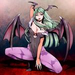  animal_print aqua_eyes aqua_hair bare_shoulders bat_print bat_wings breasts cleavage demon_girl elbow_gloves fingerless_gloves gloves hanakuma head_wings large_breasts leotard lipstick long_hair makeup morrigan_aensland pantyhose print_legwear solo succubus vampire_(game) wings 