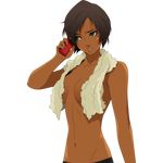  black_hair breasts cellphone chou_shittou_caduceus cleavage dark_skin doi_masayuki green_eyes groin hospital_rokunin_no_ishi lowleg maria_torres medium_breasts navel official_art phone short_hair solo topless towel towel_around_neck transparent_background upper_body 