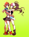  bad_id bad_pixiv_id baseball_cap blue_eyes boots brown_eyes brown_hair full_body genderswap genderswap_(mtf) hat holding hug legs long_hair multiple_girls pokemon pokemon_(game) pokemon_bw ponytail popped_collar short_hair shorts simple_background skirt standing suhoi touko_(pokemon) touya_(pokemon) wristband 