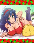  ball black_hair breasts cleavage copyright_request covered_nipples green_eyes headband large_breasts long_hair lying on_stomach socks solo ya-zy yunioshi 