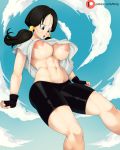  1girl areolae black_hair blue_eyes blush breasts dragon_ball erect_nipples female flying low_twintails midriff navel nipples no_bra open_mouth shirt short_shorts shorts sky stomach thick_thighs thighs tied_hair ttrop twintails videl 