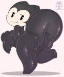  2019 anthro big_butt biped black_skin blush butt clothed clothing digital_media_(artwork) dragon evelyn_(whygena) fangs female half-closed_eyes hi_res looking_at_viewer looking_back old_toon presenting presenting_hindquarters rear_view rubber scalie short_stack simple_background smile solo toony whygena 