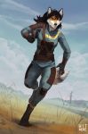  2019 anthro black_hair canid canine clothed clothing digital_media_(artwork) fallout female fox fur gun hair handgun hitmore holding_object holding_weapon humanoid_hands mammal orange_eyes orange_fur ranged_weapon solo video_games weapon 