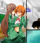  1girl blush bow bowtie brown_hair couple crossdressing hair_ornament hairpin hetero inami_mahiru long_hair navel orange_hair otoko_no_ko school_uniform shirt_lift short_hair takanashi_kotori takanashi_souta train_interior wig working!! yasu_(yossy) 