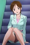  brown_eyes brown_hair haruyama_kazunori jewelry kaidan_restaurant panties pendant sitting sitting_on_stairs smile solo stairs uitome_keiko underwear upskirt 