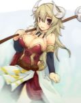  anshinmama blonde_hair bokura_no_saga breasts brown_eyes cleavage horns large_breasts long_hair polearm solo tsunotsuki_(bokura_no_saga) weapon 