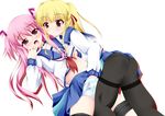  angel_beats! ass blonde_hair blush brown_eyes hand_in_panties long_hair multiple_girls narumi_yuu_(imitmoon) panties panties_under_pantyhose pantyhose pink_eyes pink_hair school_uniform serafuku skirt striped striped_panties thighband_pantyhose thighhighs two_side_up underwear upskirt yui_(angel_beats!) yuri yusa_(angel_beats!) 