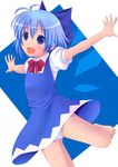  blue_eyes blue_hair bow cameltoe cirno fang hair_bow masa_(masa0430) open_mouth panties solo standing standing_on_one_leg touhou underwear white_panties 