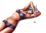  bad_id bad_pixiv_id blood blue_eyes bow bra braid hair_bow izayoi_sakuya knife lingerie lying masa_(masa0430) navel on_back panties silver_hair solo touhou twin_braids underwear underwear_only 