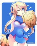  bare_shoulders blonde_hair blue_eyes breasts cheerleader covered_nipples heroman lina_davis long_hair medium_breasts one_eye_closed solo takitsume_shino 