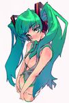  bottomless breasts breasts_outside green_eyes green_hair hatsune_miku headset henreki_san long_hair medium_breasts mouth_hold necktie no_bra panties solo twintails underwear vocaloid 