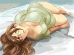  barefoot blush breasts brown_eyes brown_hair cleavage foreshortening glasses iwaya large_breasts legs long_hair looking_back looking_up lying on_side original solo 