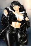  absurdres bandages belt black_hair blue_eyes breasts cameltoe cleavage fur_trim highres jacket kobayashi_hiyoko large_breasts leather leather_jacket leather_pants long_hair midriff non-web_source official_art pants peridot_(manga) shiny shiny_clothes solo suruga_mahiru zipper 