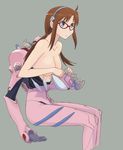  ahoge bare_shoulders bodysuit brown_hair dressing glasses highres long_hair makinami_mari_illustrious neon_genesis_evangelion pink_bodysuit pinzu plugsuit rebuild_of_evangelion solo undressing 