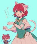  1boy 1girl anger_vein animal_ears aqua_background bell brother_and_sister cat_day cat_ears cat_tail chibi dress elbow_gloves fake_animal_ears fake_tail fire_emblem fire_emblem:_rekka_no_ken gloves green_eyes highres long_sleeves nintendo open_mouth priscilla_(fire_emblem) raven_(fire_emblem) red_eyes red_hair see-through short_hair siblings simple_background sisuko1016 tail white_gloves 