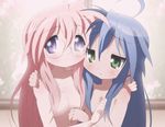  ahoge blue_hair breasts cleavage collarbone flat_chest glasses green_eyes hug izumi_konata long_hair lucky_star mole mole_under_eye multiple_girls nude pink_hair purple_eyes small_breasts takara_miyuki tareme yamasaki_wataru yuri 