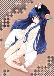  barefoot blue_hair bottomless dutch_angle feet flat_chest food fruit hat hinanawi_tenshi jpeg_artifacts kneeling long_hair looking_at_viewer naked_shirt off_shoulder open_clothes open_shirt oversized_clothes peach red_eyes shirt solo sumi_keiichi touhou 