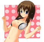  :o bangs blue_eyes blush breast_squeeze breasts brown_hair clenched_hands collarbone commentary_request eyebrows_visible_through_hair forearms_at_chest hair_between_eyes headphones headphones_around_neck highres large_breasts navel nipples nude open_mouth original partial_commentary shinkirou_(s-k-w) solo upper_body 