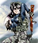  ammunition_pouch backpack bag boots breasts canteen copyright_request covered_nipples fatigues fingerless_gloves gloves gun hat load_bearing_equipment m2_carbine military military_operator military_uniform pouch small_breasts solo tigerstripe_(camo) uniform weapon yitsuse_masami 
