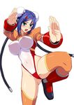  arcana_heart blue_hair blush breasts bun_cover covered_nipples double_bun fighting_stance green_eyes large_breasts leotard mei-fang navel nibai see-through shrug_(clothing) solo thighhighs wet 