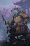  2019 armor black_nose blue_eyes canid canine canis claws clothed clothing digital_media_(artwork) full_armor fur grey_fur hitmore holding_object humanoid_hands katana male mammal melee_weapon samurai sitting solo sword weapon wolf 