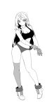  1girl adjusting_clothes adjusting_gloves boots closed_mouth full_body gloves greyscale long_hair looking_at_viewer monochrome navel simple_background single_thighhigh siun solo sports_bra thighhighs white_background 