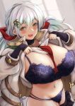  1girl blue_bra blue_panties blush bra breasts cleavage cupitan_(granblue_fantasy) granblue_fantasy green_eyes hair_ornament highres long_hair looking_at_viewer necktie open_mouth panties red_necktie smile solo sweat twintails underwear white_hair yude 
