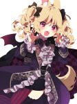  1girl :d aldin_nicola animal_ear_fluff animal_ears bangs black_bow black_coat black_shirt black_shorts black_thighhighs blonde_hair blood blood_from_mouth bow brooch claw_pose coat fangs forehead_jewel frilled_coat hair_between_eyes hair_bow hands_up highres jewelry long_hair long_sleeves looking_at_viewer mamyouda nail_polish pantyhose purple_eyes red_nails seventh_happiness shirt short_eyebrows short_shorts shorts simple_background single_leg_pantyhose single_thighhigh sleeves_past_wrists smile solo striped striped_pantyhose thick_eyebrows thighhighs two_side_up vertical-striped_pantyhose vertical_stripes virtual_youtuber white_background 