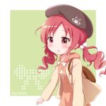  1girl :o backpack bag bangs beret black_headwear blush brown_hoodie brown_jacket commentary_request gochuumon_wa_usagi_desu_ka? goth_risuto green_background hair_bobbles hair_ornament hat hood hood_down hoodie jacket long_hair long_hoodie long_sleeves looking_at_viewer natsu_megumi open_clothes open_jacket parted_bangs parted_lips red_eyes red_hair solo twintails twitter_username two-tone_background white_background 