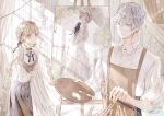  1boy 1girl absurdres blonde_hair braid couple easel eyewear_strap french_clothes glasses half_updo highres holding holding_paintbrush long_hair looking_at_viewer original paintbrush tefuto_428 white_hair 