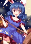  1girl animal_ears blue_dress blue_hair blush collarbone crescent_print dress frilled_dress frilled_sleeves frills hair_between_eyes highres holding kine long_hair mallet open_mouth rabbit_ears red_eyes ruu_(tksymkw) seiran_(touhou) short_sleeves smile solo star_(symbol) star_print touhou 
