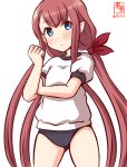  1girl alternate_costume artist_logo ass_visible_through_thighs asymmetrical_bangs bangs blue_buruma blue_eyes buruma cowboy_shot dated gym_shirt gym_uniform hair_flaps hair_ribbon hairband kanon_(kurogane_knights) kantai_collection kawakaze_(kancolle) long_hair low_twintails red_hair ribbon shirt short_sleeves simple_background twintails very_long_hair white_background white_shirt 