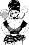  absurdres black_shirt breasts chain cleavage clothes_writing earth_(ornament) hecatia_lapislazuli highres himajin_noizu large_breasts monochrome moon_(ornament) off-shoulder_shirt off_shoulder plaid plaid_skirt polos_crown shirt simple_background skirt t-shirt touhou white_background 