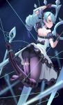  1girl absurdres ass bangs bare_shoulders bingchuan_xian_yu_huang black_bow black_dress black_footwear black_gloves black_shorts bow clothes_lift dress dress_lift drill_hair from_behind gloves green_hair grey_pantyhose gwen_(league_of_legends) hair_bow high_heels highres holding holding_scissors league_of_legends looking_at_viewer multicolored_background needle no_shoes pantyhose puffy_short_sleeves puffy_sleeves scissors sewing_needle shiny shiny_hair short_sleeves shorts smile striped striped_pantyhose twin_drills twintails white_dress 