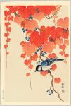  animal animal_request autumn_leaves bird bird_request branch fine_art food fruit highres ivy leaf nihonga no_humans ohara_koson original plant traditional_media ukiyo-e 