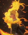  2boys all_might bakugou_katsuki bangs black_jacket blonde_hair boku_no_hero_academia brown_background closed_mouth collared_shirt fire from_side hand_on_another&#039;s_head hand_on_another&#039;s_shoulder highres hug jacket long_hair long_sleeves male_focus multiple_boys open_clothes open_jacket shiny shiny_hair shirt short_hair spiked_hair trubwlsum upper_body watermark white_shirt yagi_toshinori 