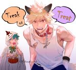  2boys animal_collar animal_ears artist_name bakugou_katsuki bangs bare_shoulders blonde_hair blue_pants boku_no_hero_academia bow bowtie candy chain collar eating food freckles ghost_costume green_bow green_bowtie halloween_costume holding holding_food holding_pumpkin holding_vegetable hood hood_up jack-o&#039;-lantern leaning_forward male_focus midoriya_izuku milmil_(wa_ten&#039;nendesu) multiple_boys muscular muscular_male open_mouth pants pumpkin red_collar red_eyes short_hair smile speech_bubble striped striped_bow striped_bowtie tail teeth tongue trick_or_treat vegetable wolf_boy wolf_ears wolf_tail 