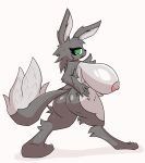  absurd_res anthro big_breasts big_butt breasts butt canid canine female fluffy fluffy_tail fox green_eyes grey_body hi_res huge_breasts huge_butt hybrid kifirelava lagomorph leporid mammal rabbit rear_view simple_background solo yeimi_yanmegar 