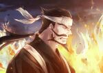  1boy angry beard black_hair black_robe burning clenched_teeth eyepatch facial_hair fire flame handlebar_mustache headband highres jigokuraku looking_down low_ponytail mustache ponytail robe solo tamiya_gantetsusai teeth ushi_424 white_headband 