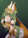  1girl :d arabian_clothes arm_guards bandaged_arm bandages bangs bare_shoulders braid braided_ponytail claw_ring earrings green_background green_eyes green_hair grin highres honkai_(series) honkai_impact_3rd jewelry long_hair looking_at_viewer mobius_(honkai_impact) mouth_veil see-through_mask smile solo teeth veil zero130 