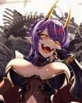 1girl :d breasts cleavage cluseller fangs gauntlets highres horns indie_virtual_youtuber large_breasts long_hair looking_at_viewer multicolored_hair oni oni_horns onigiri_(vtuber) open_mouth pointy_ears purple_hair red_hair smile solo teeth two-tone_hair virtual_youtuber yellow_eyes yellow_horns 