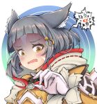  1girl animal_ear_fluff animal_ears bangs brown_eyes cat_ears dmt_(auburn) fangs gloves grey_hair jumpsuit long_sleeves looking_at_viewer nia_(xenoblade) open_mouth scared short_hair solo upper_body white_background white_gloves xenoblade_chronicles_(series) xenoblade_chronicles_2 yellow_jumpsuit 