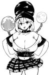  absurdres black_shirt breasts chain cleavage clothes_writing earth_(ornament) hecatia_lapislazuli highres himajin_noizu large_breasts monochrome moon_(ornament) off-shoulder_shirt off_shoulder plaid plaid_skirt polos_crown shirt simple_background skirt t-shirt touhou white_background 