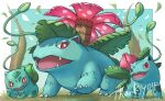  bright_pupils bulbasaur claws commentary_request commission falling_leaves grass highres ivysaur leaf luna_mokamoka no_humans open_mouth plant pokemon pokemon_(creature) red_eyes standing thank_you venusaur vines white_pupils 