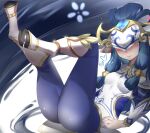  1girl absurdres aojiao_bingmo_tu ass blue_hair blue_pantyhose blue_shirt blush breasts closed_mouth cum cum_on_body cum_on_feet eye_mask from_side gem grey_background heart highres hooves kindred_(league_of_legends) lamb_(league_of_legends) league_of_legends legs_up long_hair long_sleeves mask medium_breasts pantyhose porcelain_kindred shirt smile solo white_background white_shirt 