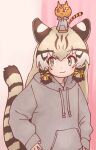 1girl animal_costume animal_ear_fluff animal_ears cat cat_ears cat_girl cat_tail closed_mouth extra_ears geoffroy&#039;s_cat_(kemono_friends) grey_hair highres hood hoodie kemono_friends kemono_friends_v_project long_hair looking_at_viewer multicolored_hair pink_background ribbon rumenia_(ao2is) simple_background tail twintails virtual_youtuber 