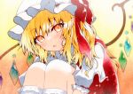  1girl ascot collared_shirt crystal flandre_scarlet frilled_shirt_collar frilled_sleeves frills hat highres mob_cap one_side_up puffy_short_sleeves puffy_sleeves qqqrinkappp red_eyes red_vest shirt short_hair short_sleeves slit_pupils solo touhou traditional_media vest white_headwear white_shirt wrist_cuffs yellow_ascot 