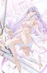  1girl absurdres albion_(azur_lane) anklet arino_ayarei azur_lane bare_legs bare_shoulders barefoot breasts bridal_gauntlets cleavage criss-cross_halter elbow_gloves feet full_body gloves gold_trim gradient_hair halterneck highres holding jewelry large_breasts legs long_hair multicolored_hair parted_lips pointy_ears purple_eyes purple_hair revealing_clothes skirt solo toes white_hair 
