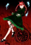  1girl animal_ears as_x_hi bangs blunt_bangs bow braid cat_ears dress expressionless full_body green_dress hair_bow hitodama kaenbyou_rin red_eyes red_hair shoes skull solo touhou twin_braids wheelbarrow 