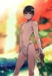  1boy axis_powers_hetalia black_eyes black_hair blurry blurry_background crotch expressionless fundoshi gloves highres himaruya_hidekazu holding holding_sword holding_weapon japan_(hetalia) japanese_clothes katana lake looking_to_the_side male_focus nature nipples official_art outdoors scenery short_hair sword topless_male tree wading weapon wet white_gloves 